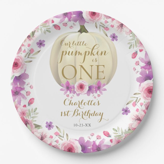 Cute Little Pumpkin Floral 1st Birthday Paper Plate (Front)
