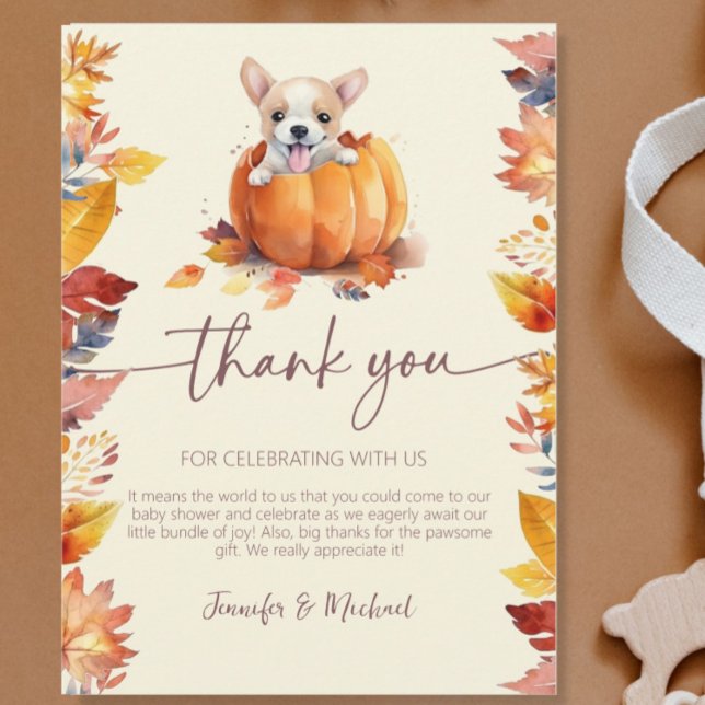Cute Little Pumpkin Puppy Fall in Love Baby Shower Thank You Card (Fall Baby Shower Pumpkin Puppy Foliage Flat Thank You Card)