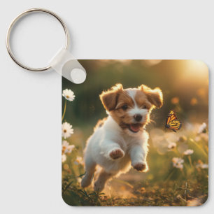 Cute little puppy chasing after a butterfly key ring