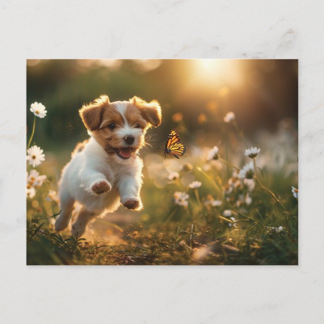Cute little puppy chasing after a butterfly postcard (Front)