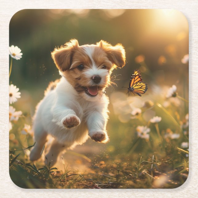 Cute little puppy chasing after a butterfly square paper coaster (Front)