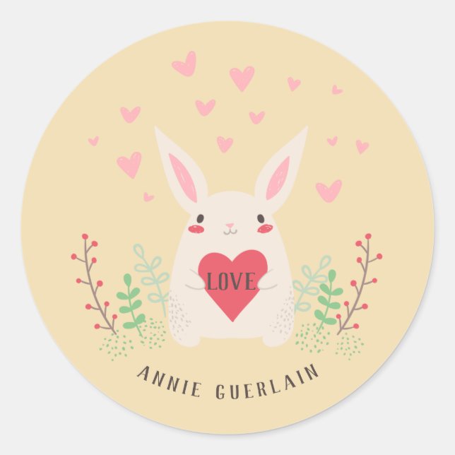 Cute Little Rabbit 'n Hearts Classic Round Sticker (Front)