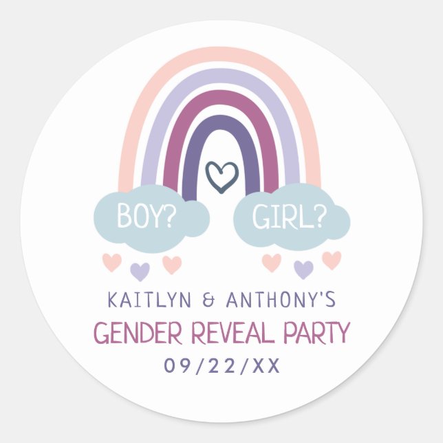 Cute Little Rainbow Gender Reveal Party Classic Round Sticker (Front)