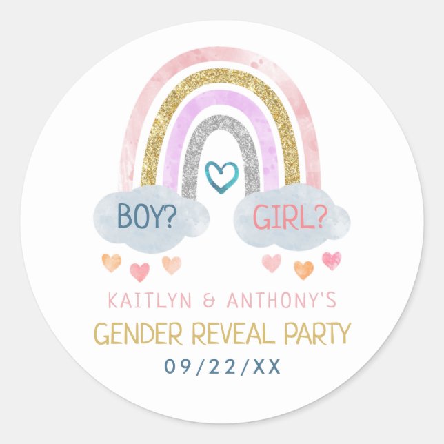 Cute Little Rainbow Gender Reveal Party Classic Round Sticker (Front)