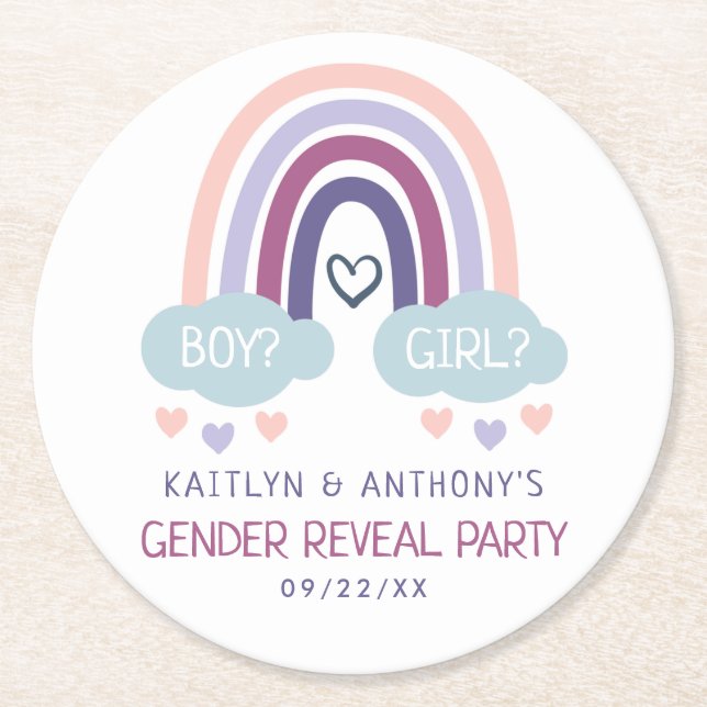 Cute Little Rainbow Gender Reveal Party Round Paper Coaster (Front)