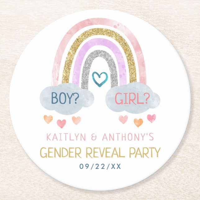 Cute Little Rainbow Gender Reveal Party Round Paper Coaster (Front)