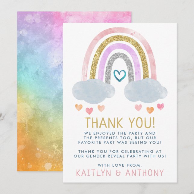 Cute Little Rainbow Gender Reveal Party Thank You Card (Front/Back)