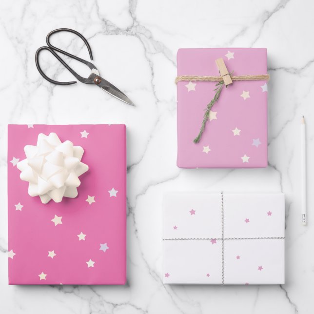 Cute Little Rainbow Stars on Pink and White Wrapping Paper Sheet (Front)
