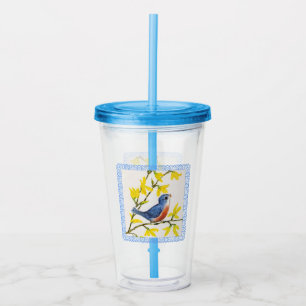 Cute Little Red and Blue Bird on Branch Flowers Acrylic Tumbler