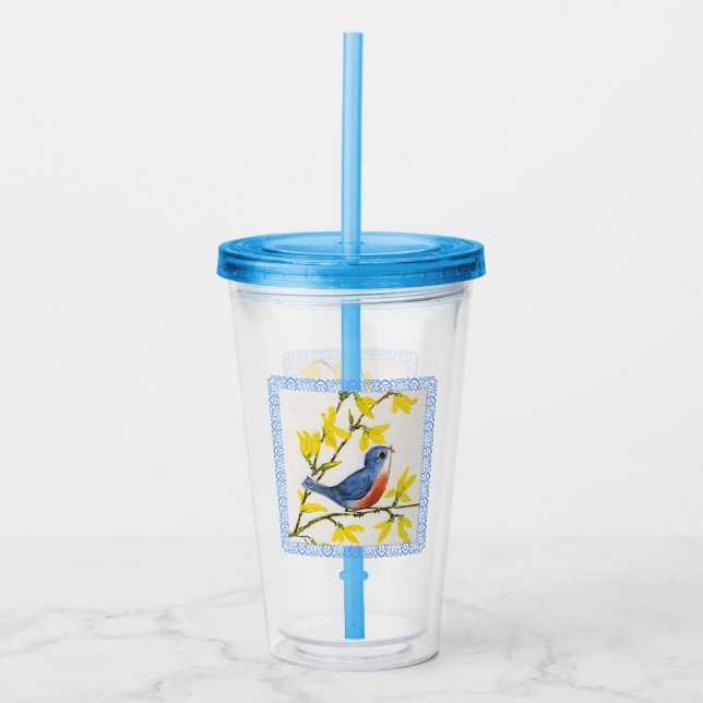 Cute Little Red and Blue Bird on Branch Flowers Acrylic Tumbler (Front)