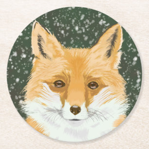 Cute Little Red Fox - in the snow. Round Paper Coaster