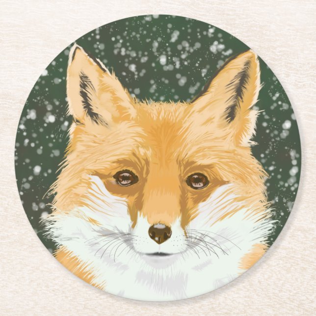 Cute Little Red Fox - in the snow.   Round Paper Coaster (Front)