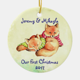 Cute Little Red Foxes "Our First Christmas" Ceramic Tree Decoration