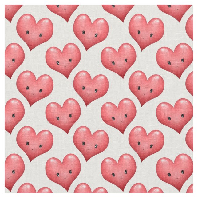Cute Little Red Hearts with Faces Fabric (Close Up)