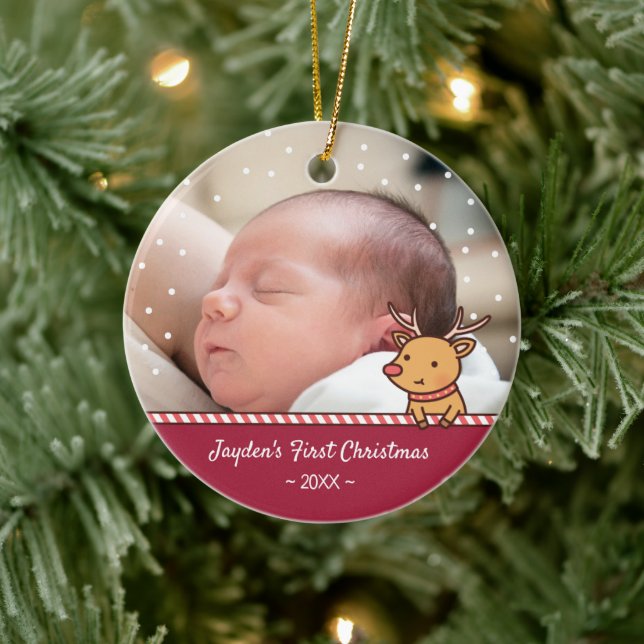 Cute Little Reindeer Baby's First Christmas Photo Ceramic Tree Decoration (Tree)