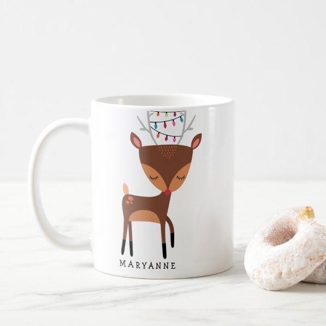 Cute Little Reindeer Christmas Lights Mug (With Donut)