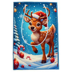 Cute Little Reindeer Christmas Santa Hat Winter Medium Gift Bag