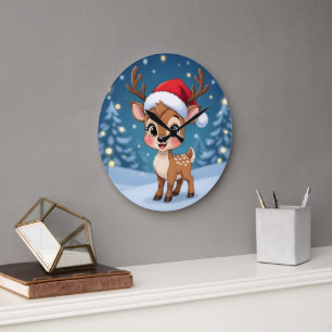 Cute little reindeer with Christmas hat Large Clock