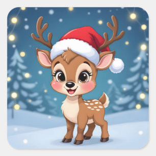 Cute little reindeer with Christmas hat Square Sticker