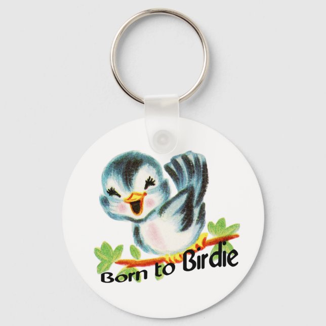 Cute Little Retro Bird Born to Birdie Golfers Gift Key Ring (Front)