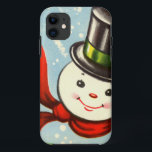 Cute Little Retro Snowman iPhone 11 Case<br><div class="desc">Vintage colour illustration of a cute round snowman head with black top hat and red scarf trimmed in green.</div>