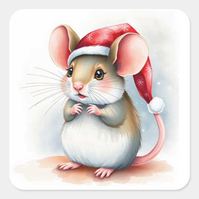Cute Little Santa Mouse Whimsical Christmas Square Sticker (Front)