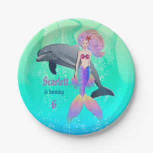 Cute Little Sea Mermaid Girl with Dolphin Birthday Paper Plate