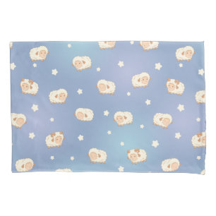 Cute Little Sheep Pattern on Blue Pillowcase