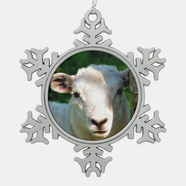 CUTE LITTLE SHEEP SNOWFLAKE PEWTER CHRISTMAS ORNAMENT (Front)
