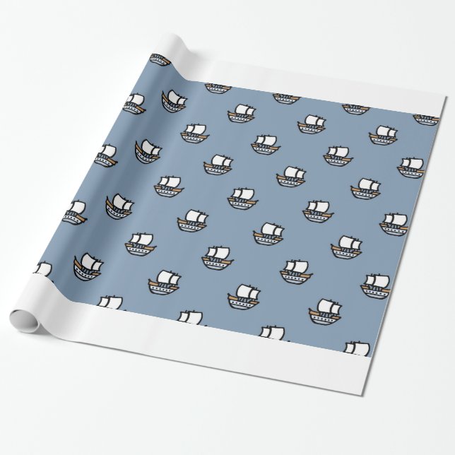 Cute Little Ships on Blue Wrapping Paper (Unrolled)
