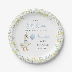 Cute Little Silly Goose Baby Boy Shower Paper Plate