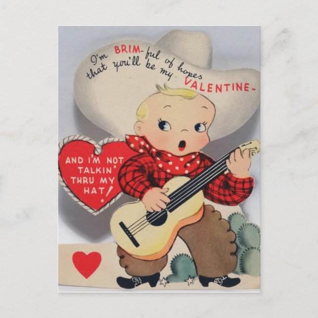 Cute Little Singing Cowboy Vintage Valentine Postcard (Front)