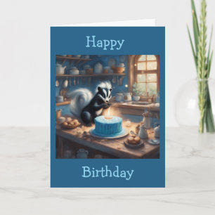 Cute Little Skunk Light Candles on Cake Birthday Card