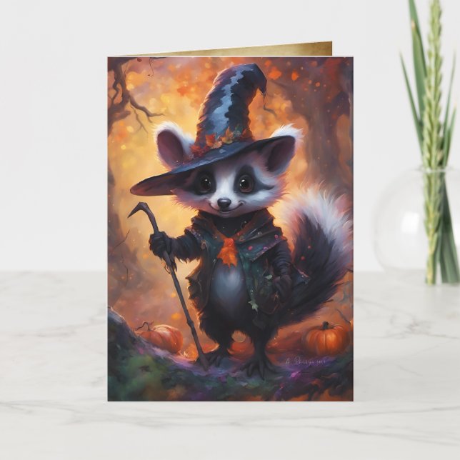 Cute Little Skunk Witch, Happy Halloween Card (Front)