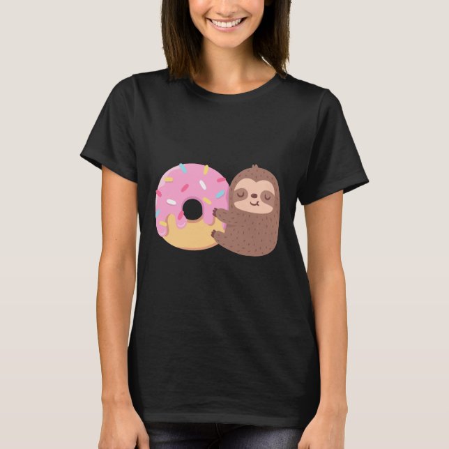 Cute Little Sloth Hugging A Doughnut T-Shirt (Front)