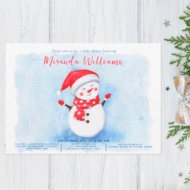 Cute Little Snowman Watercolor Winter baby shower Invitation (I wish you happiness!!!)