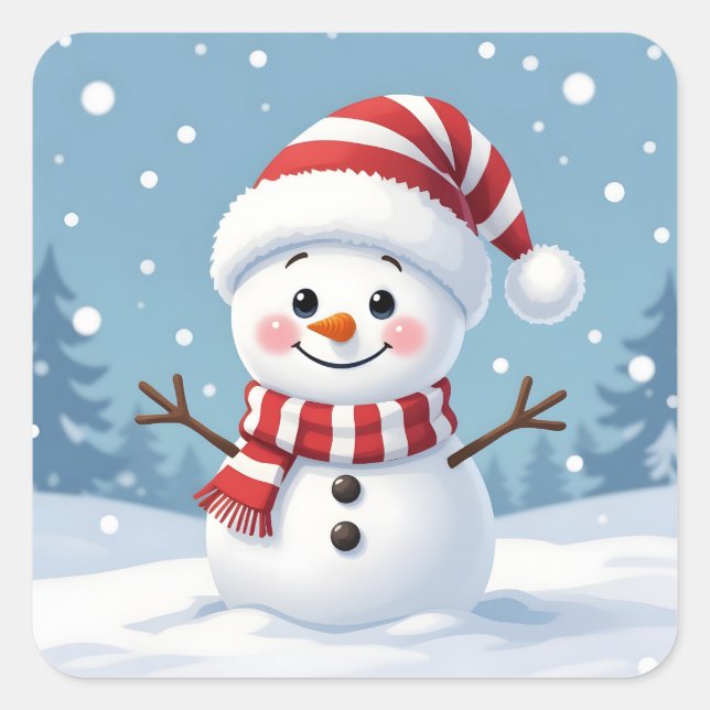 Cute little snowman with scarf & hat square sticker (Front)