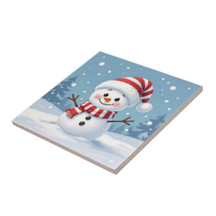 Cute little snowman with scarf & hat tile