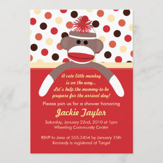 Cute Little Sock Monkey Baby Shower Invitation