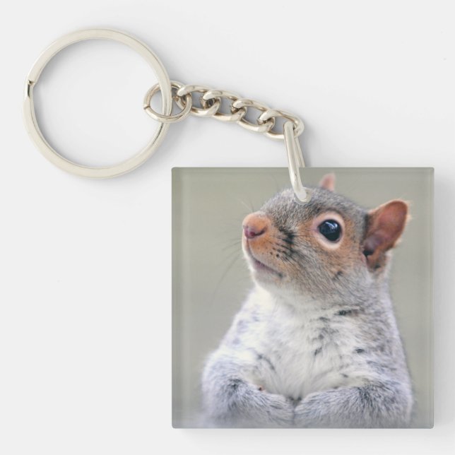 Cute Little Soft and Fluffy Grey Squirrel Key Ring (Front)