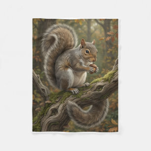 Cute Little Squirrel Foraging For Acorns In Forest Fleece Blanket