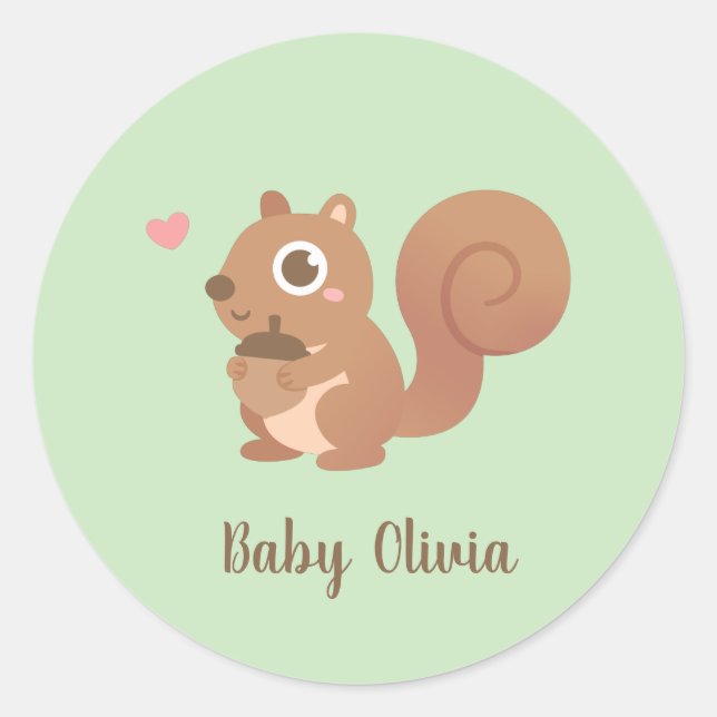 Cute Little Squirrel Holding Acorn Kids Name Classic Round Sticker (Front)