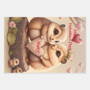 Cute little squirrels in love wrapping paper sheet