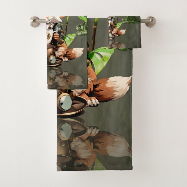 Cute little steampunk fox bath towel set (Insitu)