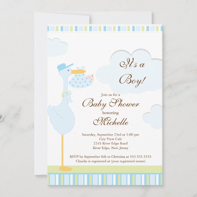 Cute Little Stork Boy Baby Shower Invitation (Front)