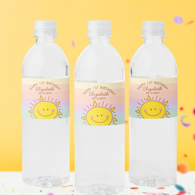 Cute Little Sunshine Baby First Birthday Party Water Bottle Label (Creator Uploaded)