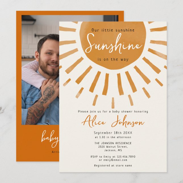 Cute Little Sunshine Boho Photo Baby Shower Invitation (Front/Back)