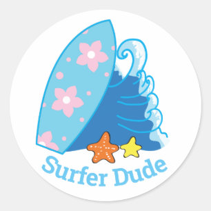 Cute Little Surfer Dude Surfboard and Wave Classic Round Sticker