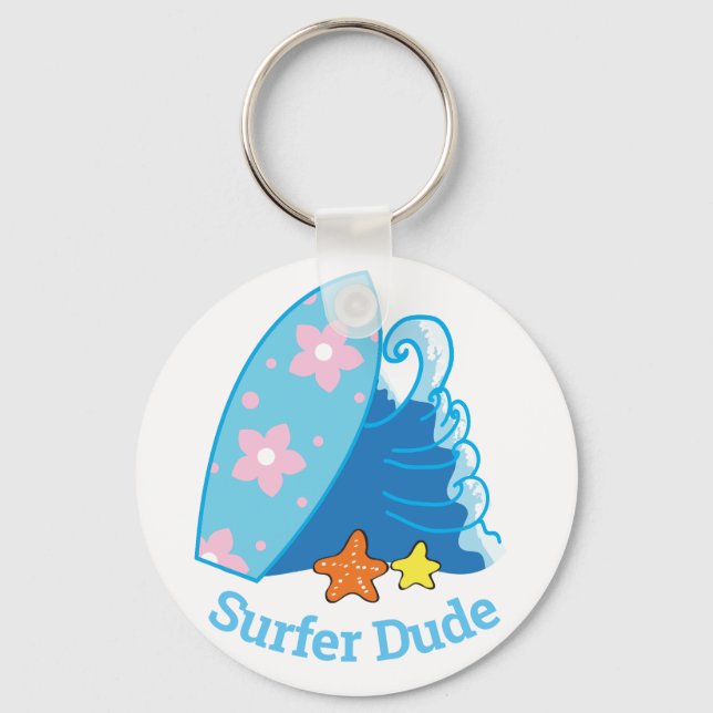 Cute Little Surfer Dude Surfboard and Wave Key Ring (Front)