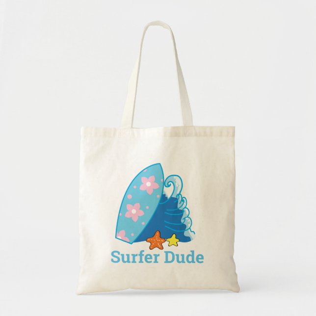Cute Little Surfer Dude Surfboard and Wave Tote Bag (Front)